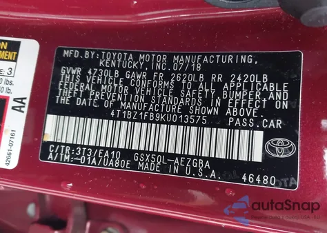 2019 Toyota Avalon Xle z USA, uszkodzony, nr VIN 4T1BZ1FB9KU013575